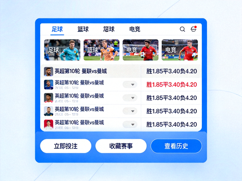 爱游戏体育平台赛事竞猜功能主界面截图，展示清晰的赛事列表、实时赔率与简洁的操作按钮