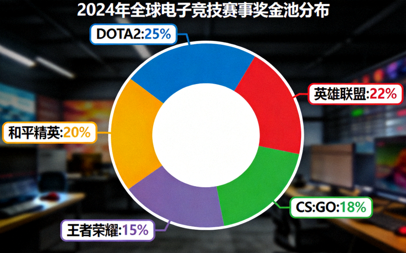 2024年全球电子竞技赛事奖金池分布环形图，展示DOTA2、英雄联盟、CS:GO、王者荣耀、和平精英等主流项目的奖金占比