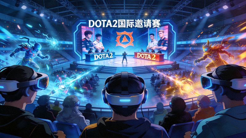 观众佩戴VR头显设备，沉浸在虚拟电竞场馆中观看DOTA2国际邀请赛的沉浸式画面