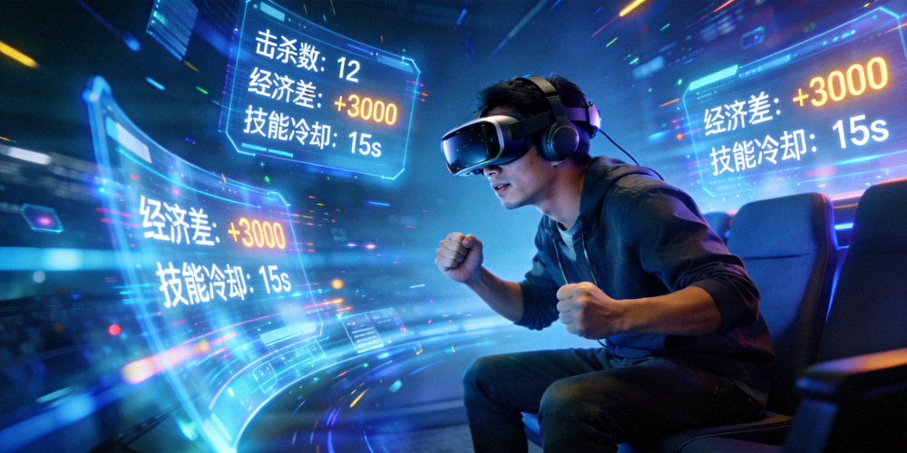 一位观众佩戴VR设备沉浸在虚拟电竞观赛场景中，周围环绕着炫酷的游戏数据界面