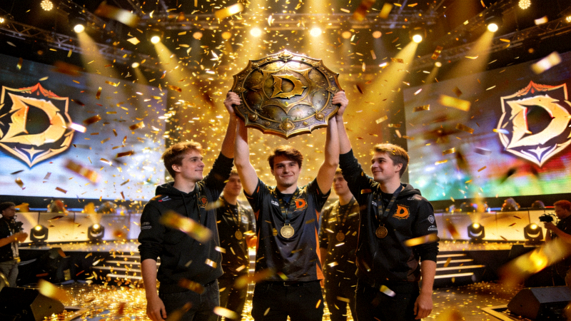 DOTA2国际邀请赛总决赛舞台，冠军队伍举起不朽盾，金色纸屑漫天飞舞