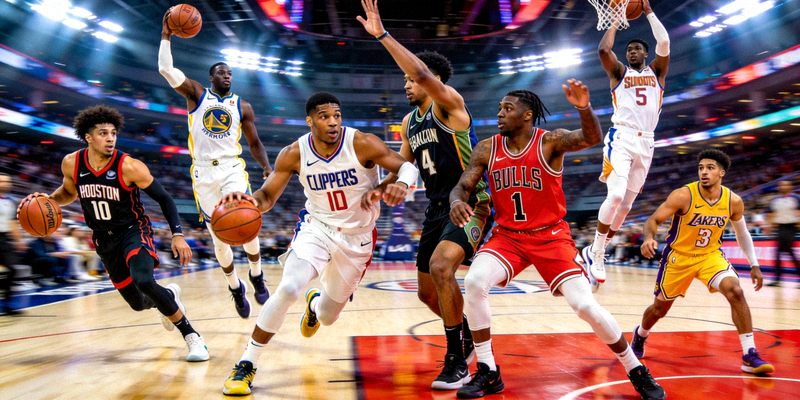 多支NBA黑马球队的年轻核心球员在场上拼搏的合成画面