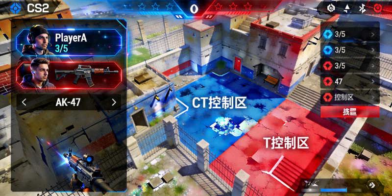 实时电竞战报CS2赛事界面，显示选手击杀反馈与地图控制区域