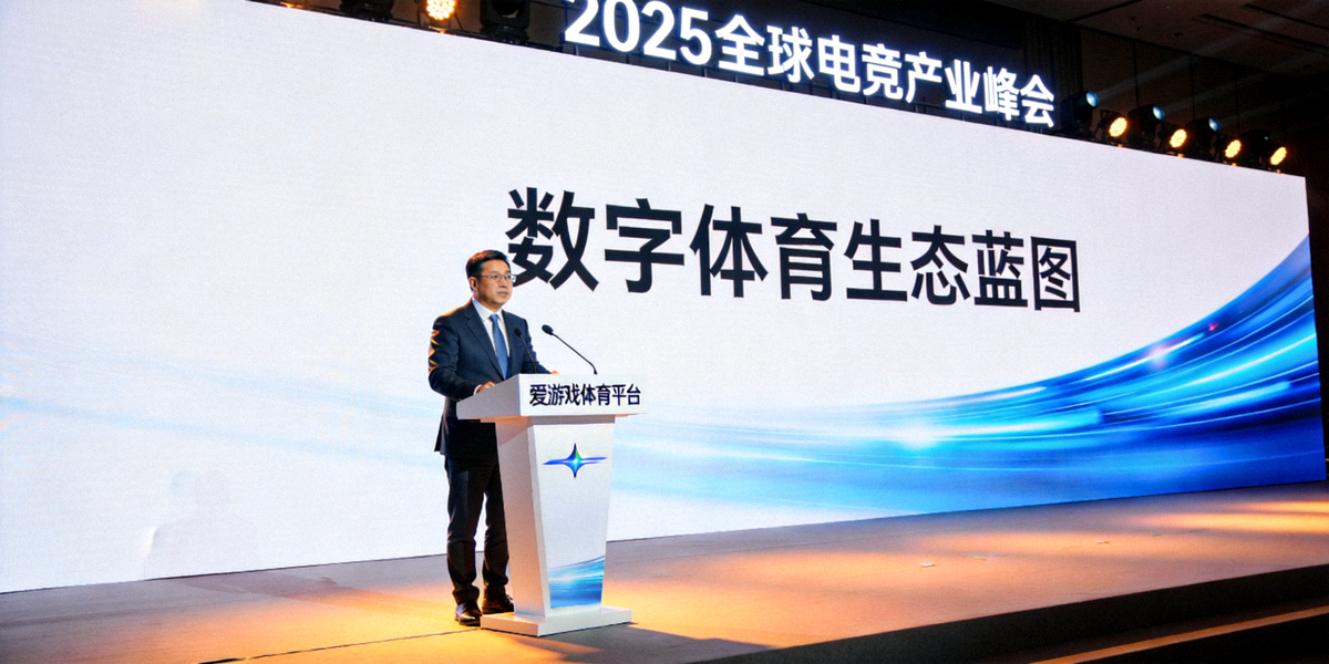 2025全球电竞产业峰会主舞台，爱游戏体育官方平台高层正在发表主题演讲，背景大屏幕显示数字体育生态蓝图