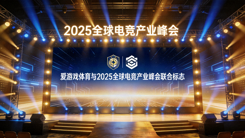 2025全球电竞产业峰会主舞台，灯光璀璨，大屏幕显示爱游戏体育与峰会联合标志