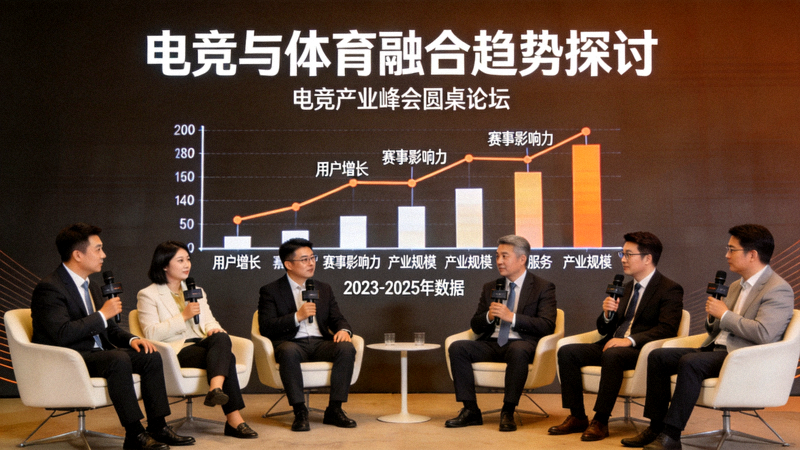 电竞产业峰会圆桌论坛，行业领袖探讨电竞与体育融合趋势，背景为数据增长图表