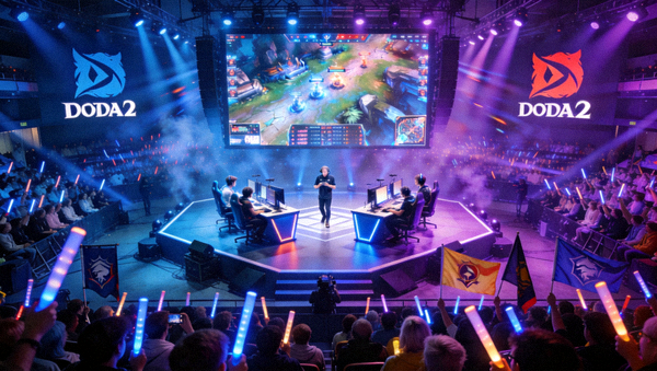DOTA2春季赛总决赛现场，两支战队在舞台上激烈对决，观众席爆满