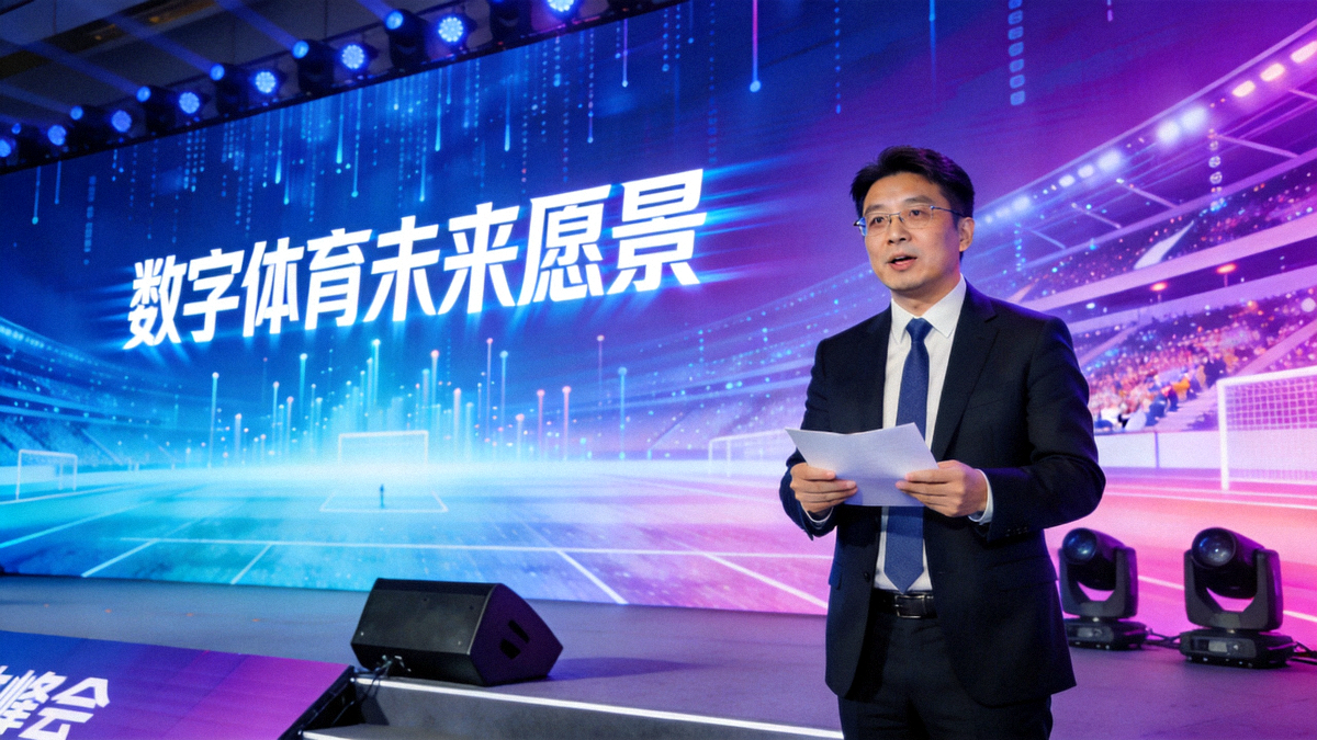 爱游戏体育官方平台代表在电竞产业峰会主舞台上发表主题演讲，背景为巨大的LED屏幕显示数字体育未来愿景
