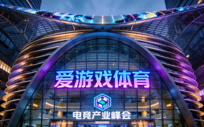电竞产业峰会主会场外景，现代科技感建筑与爱游戏体育标识