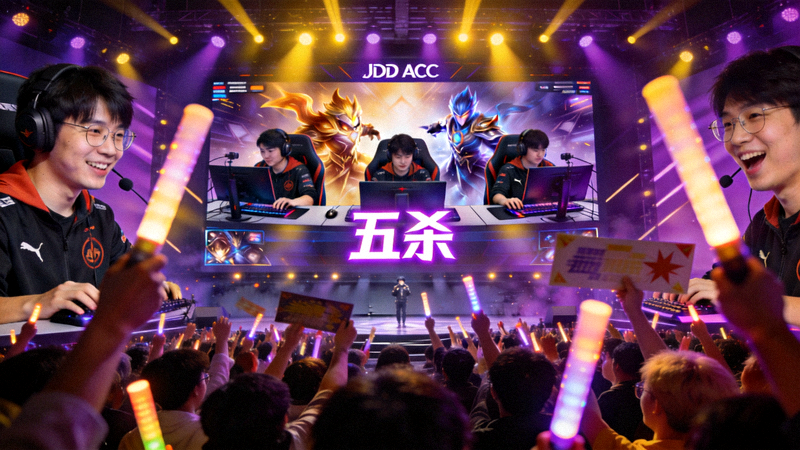 JDG战队ADC选手在比赛中打出五杀的高光时刻，全场观众欢呼沸腾