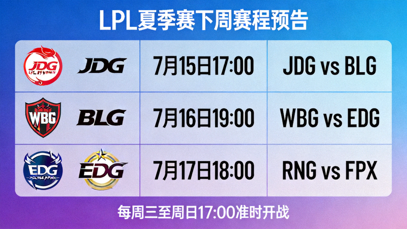 LPL夏季赛下周赛程预告海报，展示了对阵双方战队的Logo和比赛时间