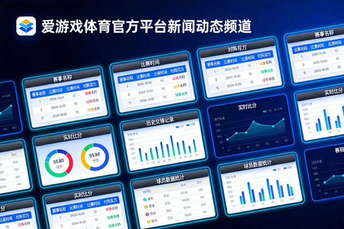 爱游戏体育官方平台新闻动态频道改版后的页面示意图，深蓝背景上排列着赛程卡片与数据图表