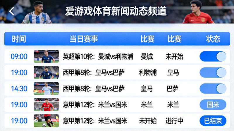 爱游戏体育新闻动态频道赛程聚合页界面，按时间顺序排列的当日赛事列表