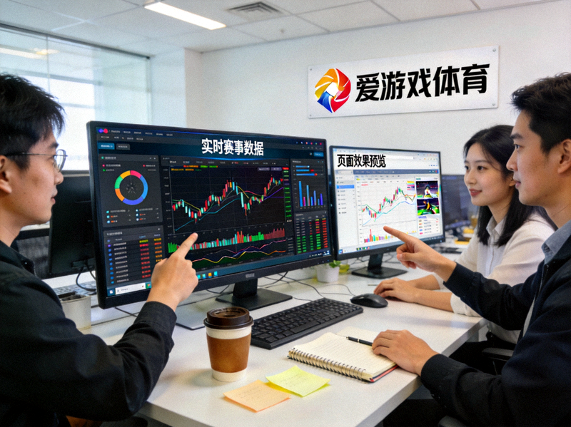 爱游戏体育平台运营团队工作场景，成员在显示器前查看赛事数据与页面效果