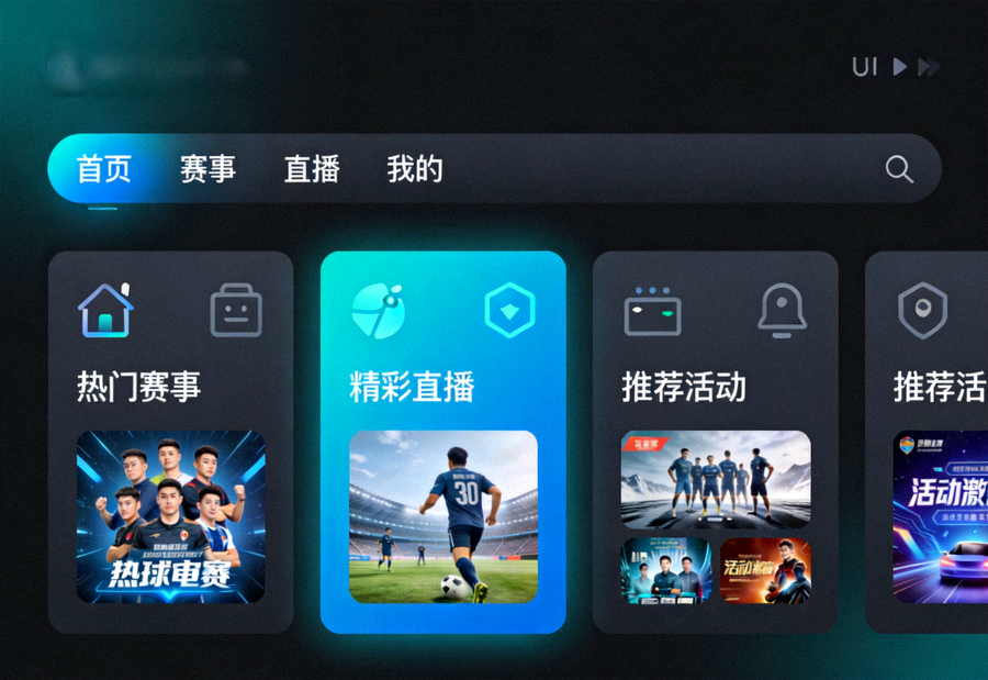爱游戏体育官方平台官网首页全新界面展示，深色背景搭配青蓝色高亮导航与内容卡片布局