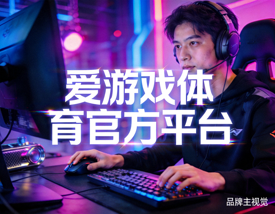 爱游戏体育官方平台品牌主视觉，电竞选手在炫彩灯光下专注操作设备