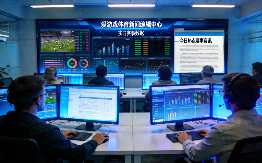 爱游戏体育官方平台新闻编辑中心工作场景，多屏显示赛事数据与资讯稿件