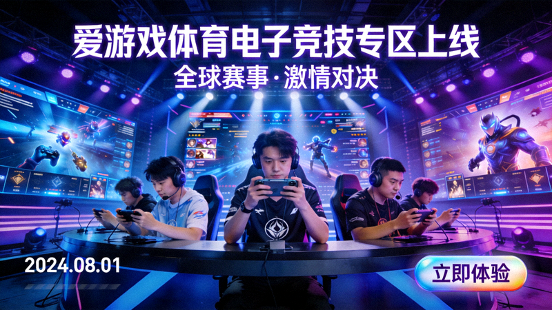 爱游戏体育电子竞技专区上线宣传图，电竞选手在舞台中央比赛
