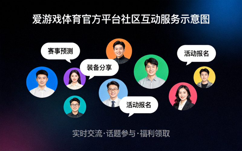 爱游戏体育官方平台社区互动服务示意图，多位用户头像与讨论气泡在深色背景上排列