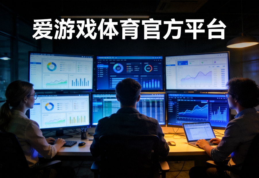 爱游戏体育官方平台团队工作场景，深色办公环境中多块屏幕展示平台页面与数据图表