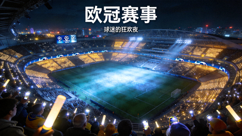 欧冠赛事专题配图，球场夜景与球迷看台灯光交相辉映