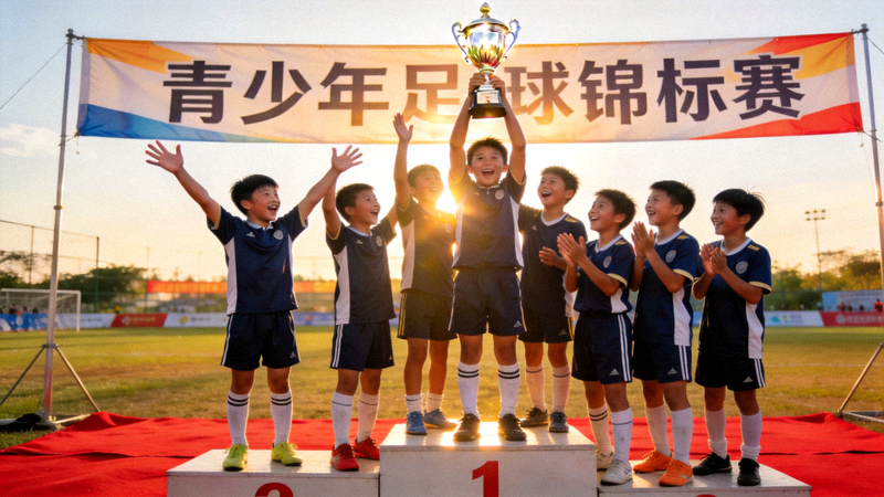 青少年足球锦标赛颁奖仪式，小球员们举起奖杯在领奖台上欢呼庆祝