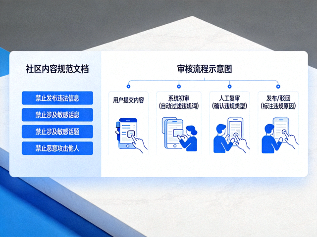 社区内容规范文档与审核流程示意图